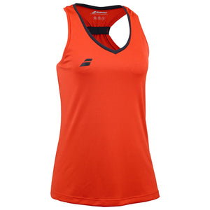 Oranjerode Babolat Play Tank Top W schuin van voren met donkerblauwe halsbies