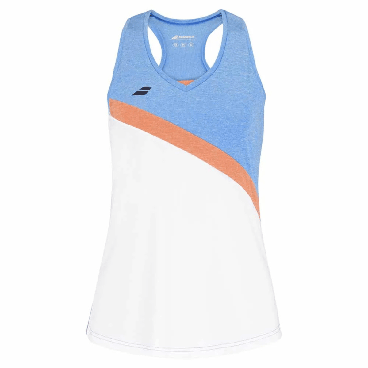 Lichtblauwe Babolat Play Tank Top W met wit ondervlak en oranje diagonale streep