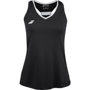 Zwarte Babolat Play Tank Top voor dames met witte V-hals en wit logo op de borst