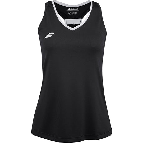 Zwarte Babolat Play Tank Top voor dames met witte V-hals en wit logo op de borst