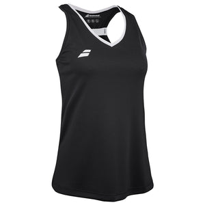 Zwarte Babolat Play Tank Top W schuin van voren met witte halsbies en logo