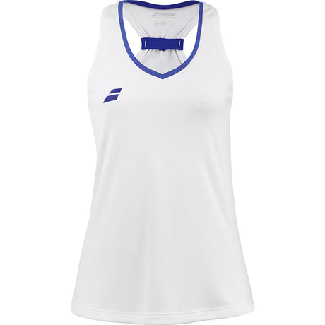 Witte Babolat Play Tank Top voor dames met blauwe V-hals en blauw Babolat-logo
