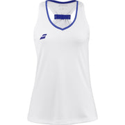 Witte Babolat Play Tank Top voor dames met blauwe V-hals en blauw Babolat-logo