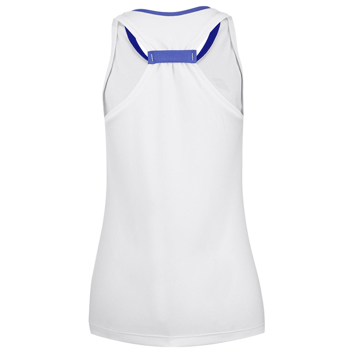 Achterzijde van de witte Babolat Play Tank Top W met blauwe halsrand en racerback