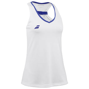 Witte Babolat Play Tank Top W schuin van voren met blauwe bies langs de hals