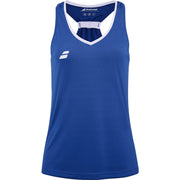 Blauwe Babolat Play Tank Top voor dames met witte V-hals en wit logo op de borst