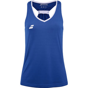 Blauwe Babolat Play Tank Top voor dames met witte V-hals en wit logo op de borst