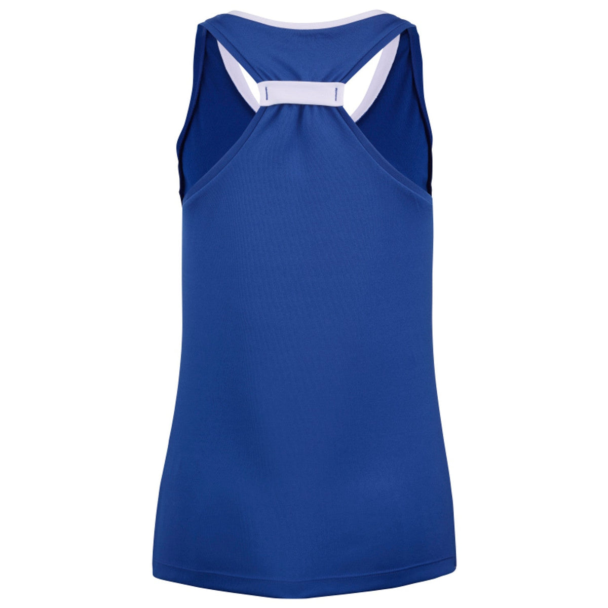 Achterzijde van de blauwe Babolat Play Tank Top W met witte racerback-bandjes
