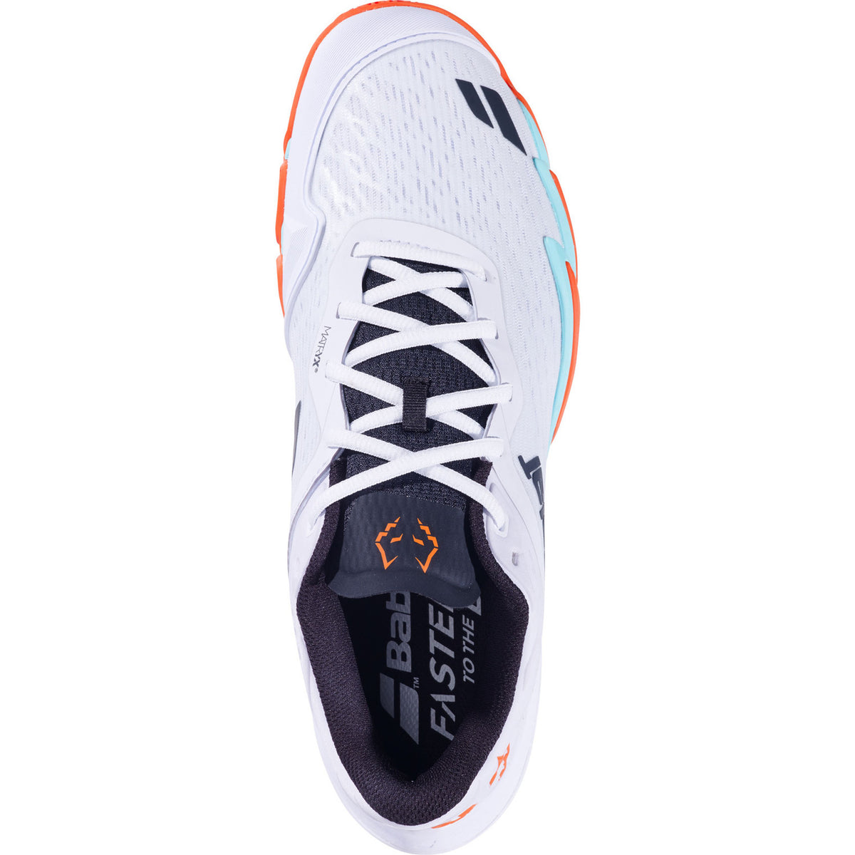 Bovenaanzicht van de witte Babolat Premura 3 Lebron met oranje en blauw detail
