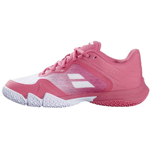 Binnenzijde van de Babolat Premura 3 Women in wit met roze hiel- en neuspartij en roze veters