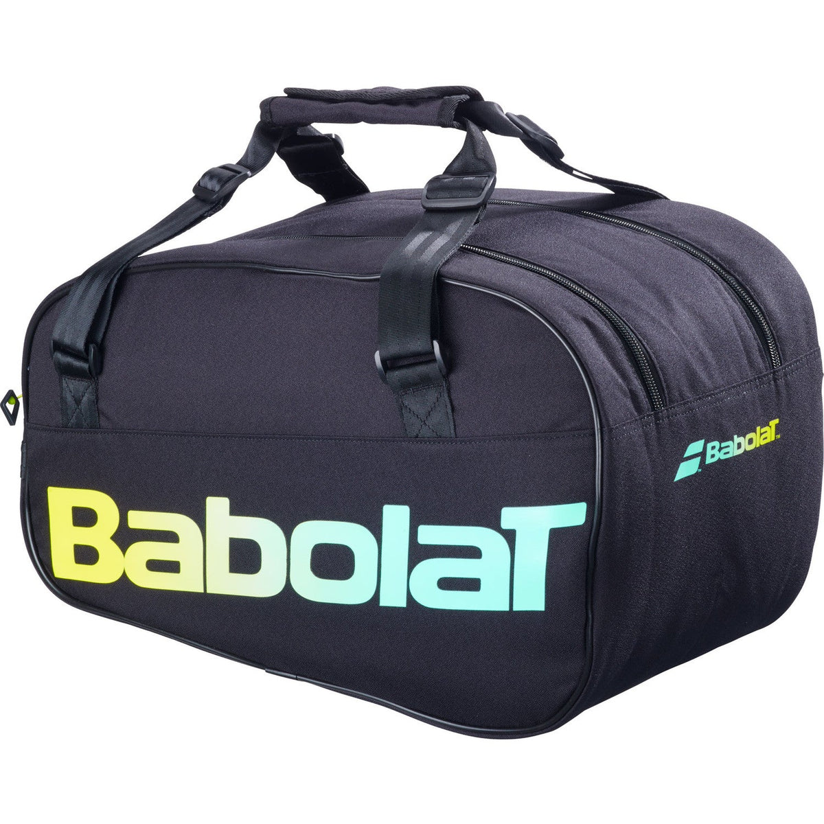 Zwarte Babolat Court S rackettas met logo in mintgroen en geel verloop