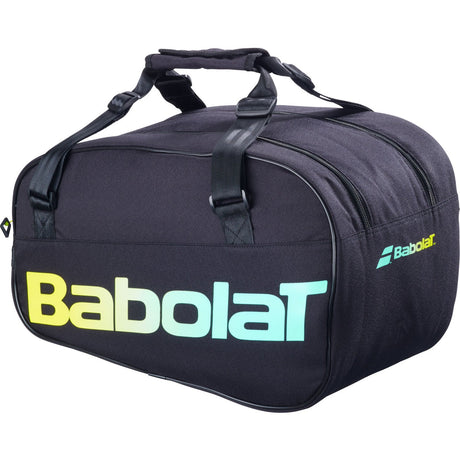Zwarte Babolat Court S rackettas met logo in mintgroen en geel verloop
