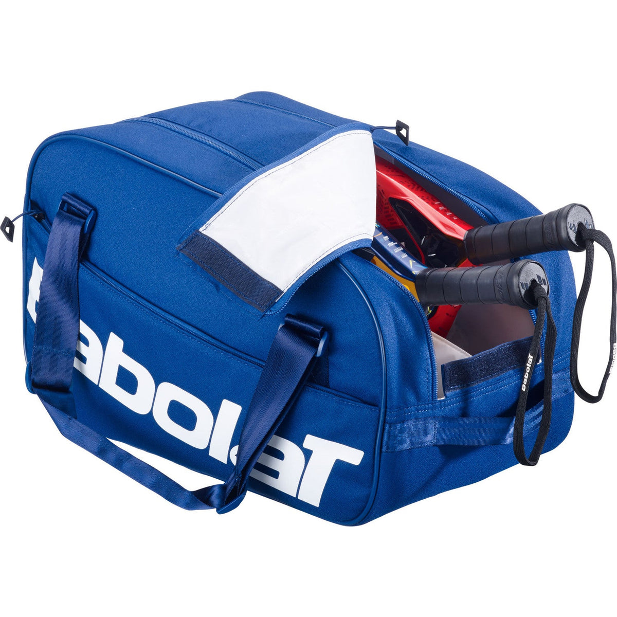 Geopende blauwe Babolat Court S rackettas met padelrackets en handdoek