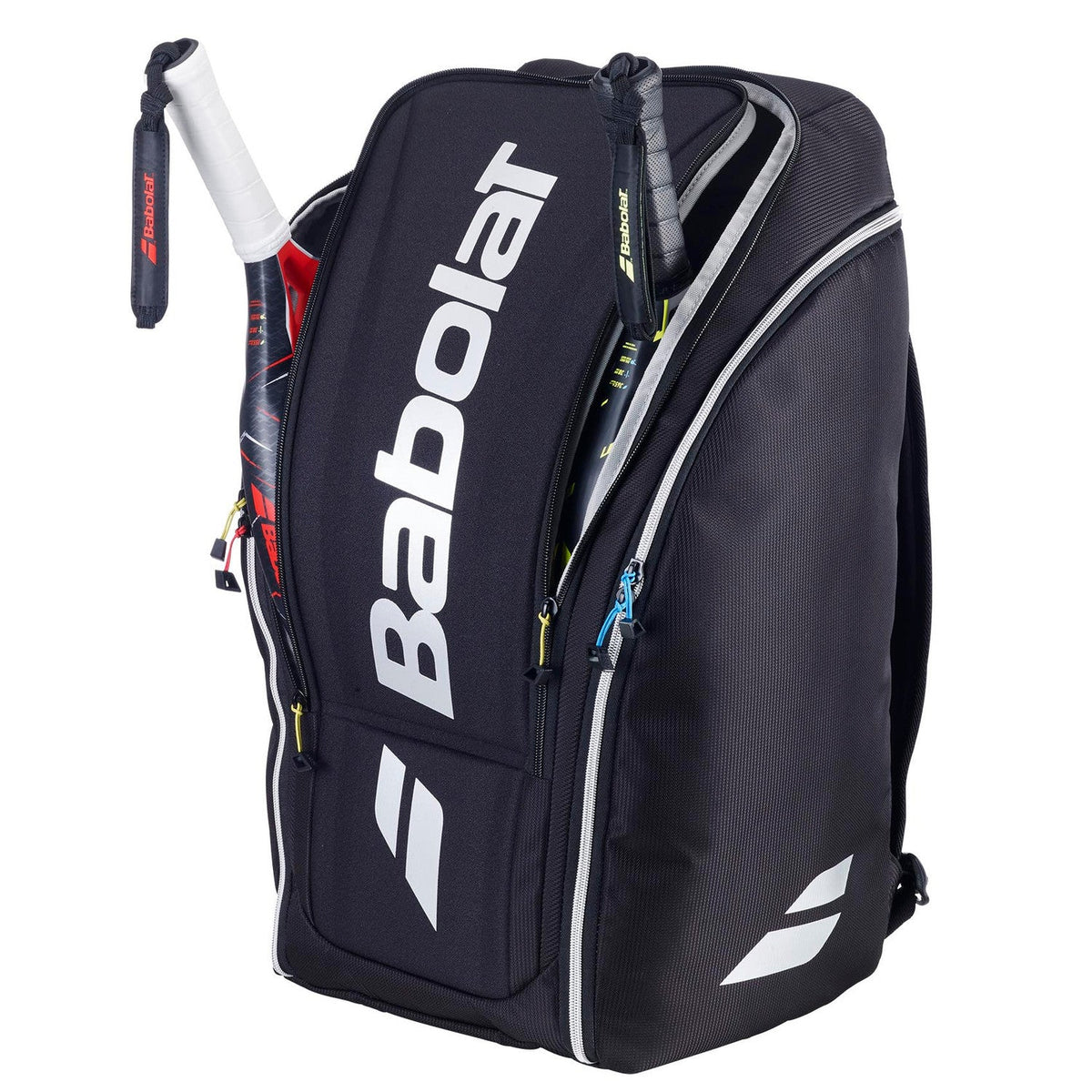 Geopende zwarte Babolat RH Perf racketbag met meerdere rackets in de vakken.