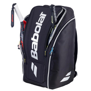 Geopende zwarte Babolat RH Perf racketbag met meerdere rackets in de vakken.