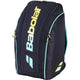 Zijaanzicht van de zwarte Babolat Racketbag RH Perf met geel logo en mintgroene rits.