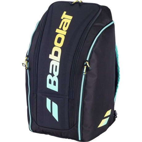 Zijaanzicht van de zwarte Babolat Racketbag RH Perf met geel logo en mintgroene rits.