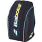Zijaanzicht van de zwarte Babolat Racketbag RH Perf met geel logo en mintgroene rits.