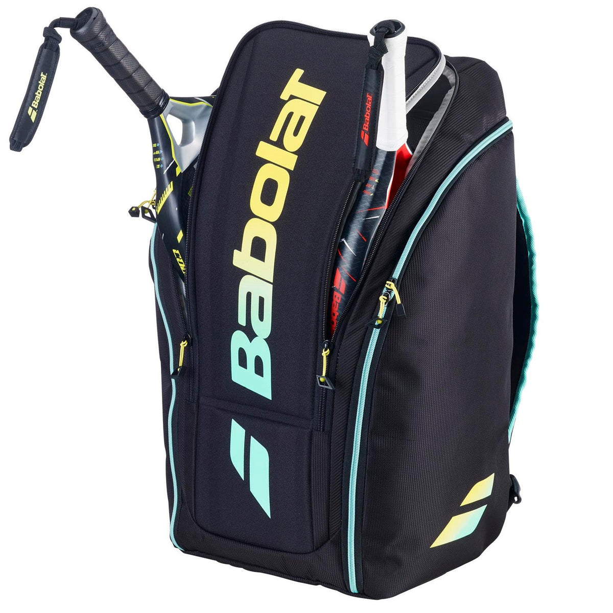 Geopende zwart-gele Babolat RH Perf racketbag met rackets in het hoofdvak.