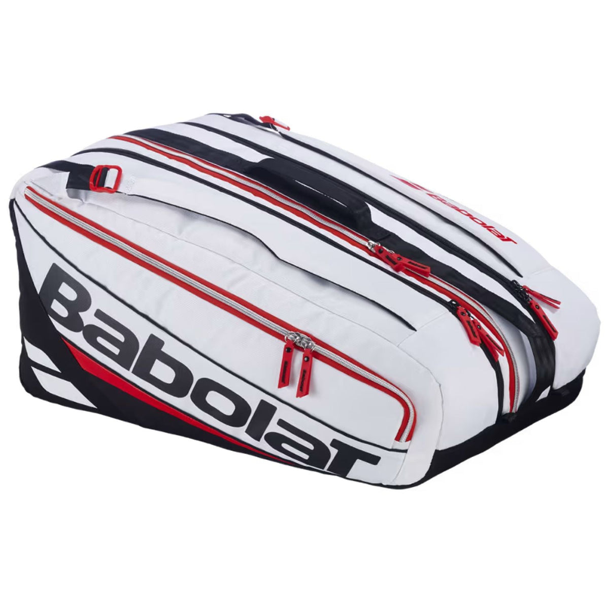 Zijaanzicht van de witte Babolat Racketbag RH Pro Technical met zwart-rode strepen.