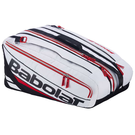 Zijaanzicht van de witte Babolat Racketbag RH Pro Technical met zwart-rode strepen.