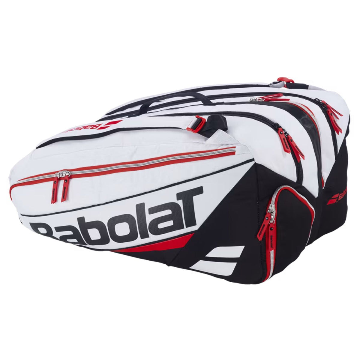 Schuin aanzicht van de wit-zwarte Babolat RH Pro Technical met rode ritsen.
