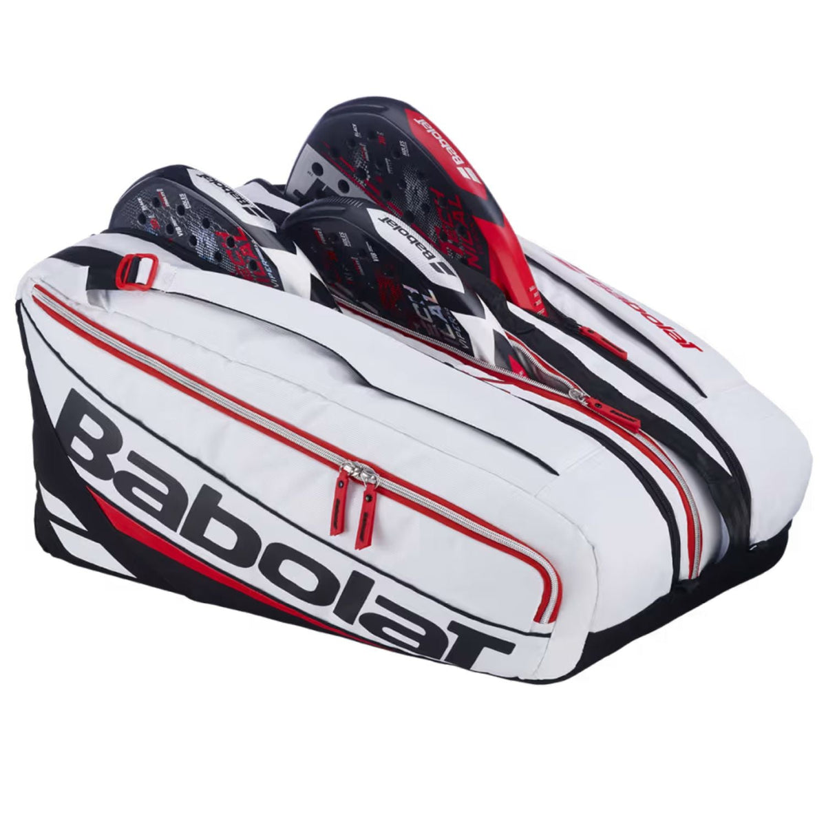 Geopende witte Babolat RH Pro Technical racketbag met rackets in de vakken.