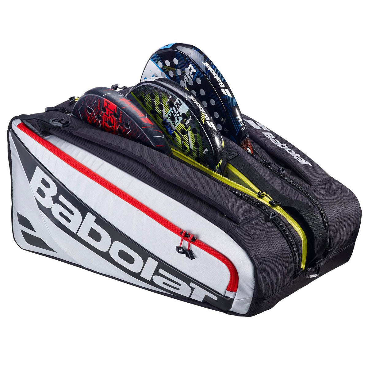 Zwart-witte Babolat RH Pro geopend met twee padelrackets in het bovenvak