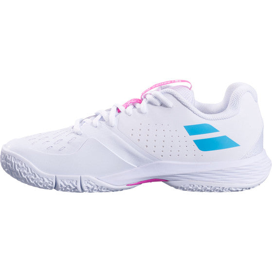Binnenzijde van de witte Babolat Sensa Rise W met turquoise Babolat-logo
