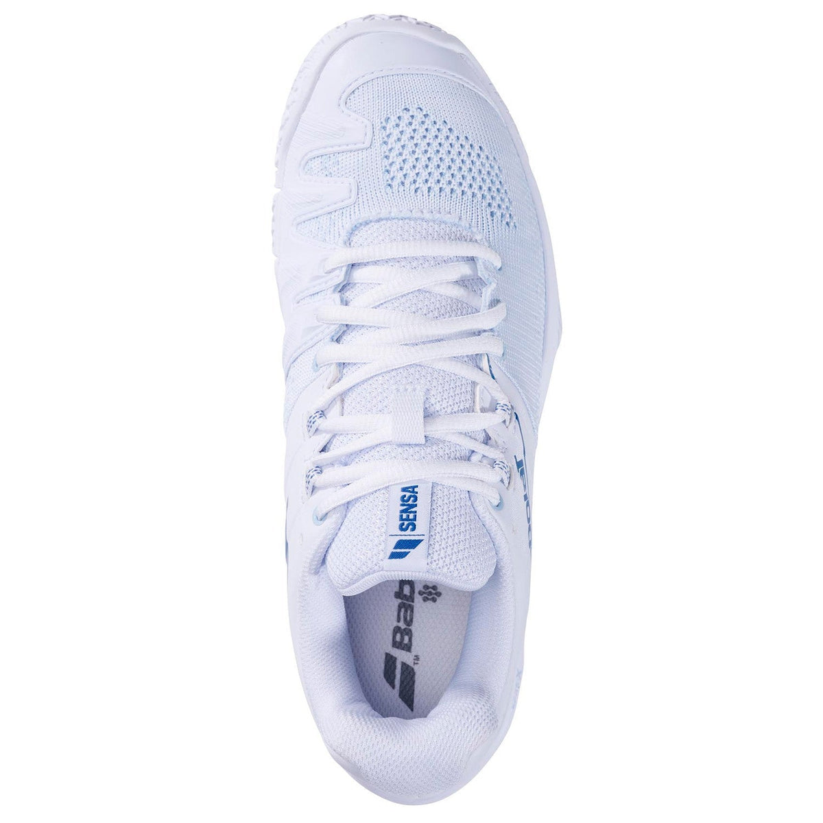 Bovenaanzicht van de witte Babolat Sensa Women White/Cool Blue met witte veters en gebreid bovenwerk