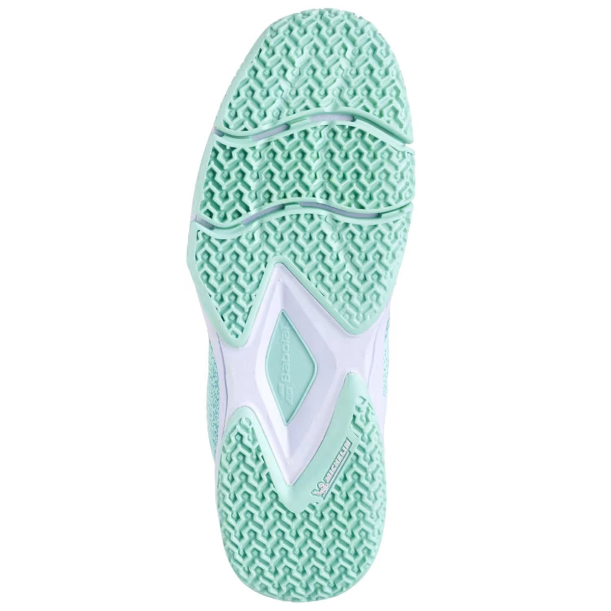 Michelin buitenzool van de Babolat Sensa Women Beach Glass met mintgroen noppenprofiel voor kunstgras