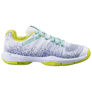Zijaanzicht van de Babolat Sensa Women White/Spring Bud in wit met spikkelprint en limegroene zool