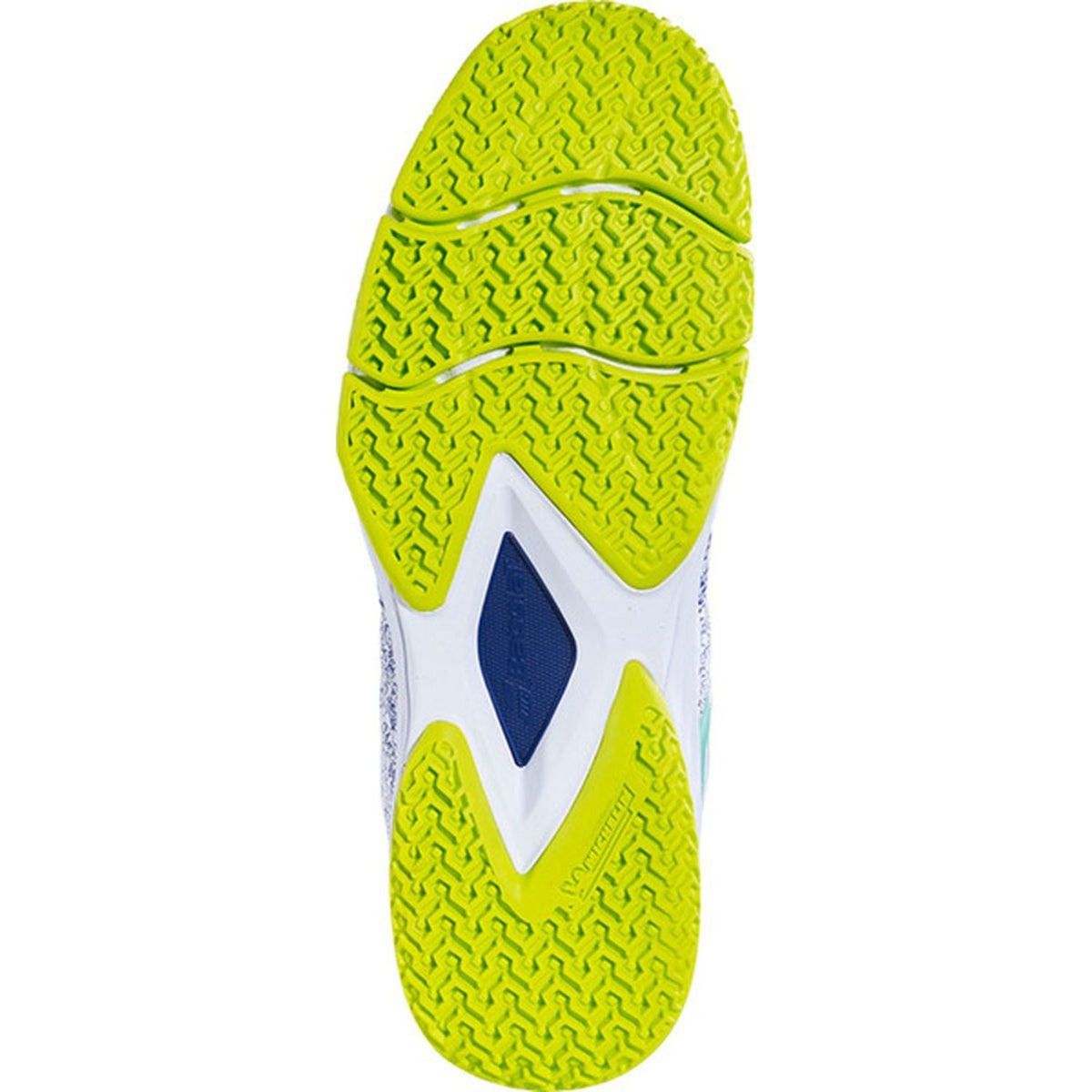 Zool van de Babolat Sensa Women met limegeel visgraatprofiel en blauw middenstuk voor kunstgras