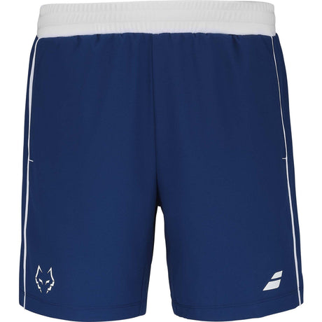 Donkerblauwe Babolat Short Lebron met witte tailleband en stierkop op de pijp