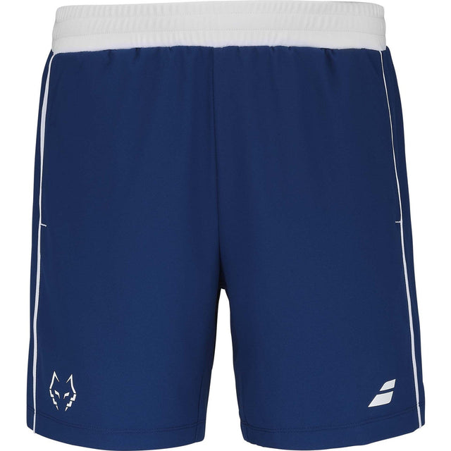 Donkerblauwe Babolat Short Lebron met witte tailleband en stierkop op de pijp