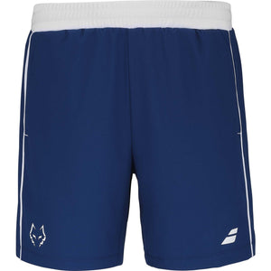 Donkerblauwe Babolat Short Lebron Estate Blue met witte tailleband en stierkop op de pijp