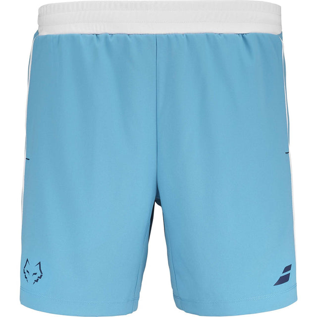 Lichtblauwe Babolat Short Lebron Cyan Blue met witte tailleband en stierkop op de pijp