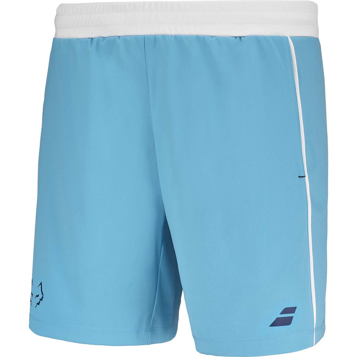 Lichtblauwe Babolat Short Lebron van opzij met witte zijstreep en donkerblauw logo