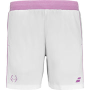 Witte Babolat Short Lebron met lila tailleband en paarse stierkop op de pijp