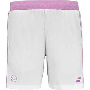 Witte Babolat Short Lebron met lila tailleband en paarse stierkop op de pijp