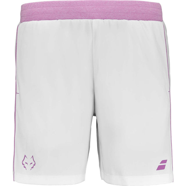Witte Babolat Short Lebron met lila tailleband en paarse stierkop op de pijp