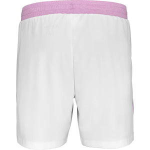 Achterzijde van de witte Babolat Short Lebron met lila elastische tailleband