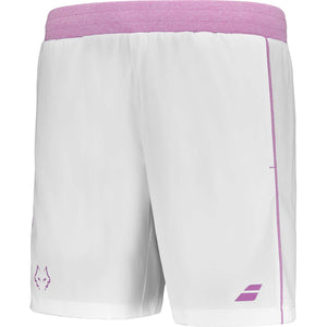 Witte Babolat Short Lebron van opzij met paarse zijstreep en Babolat-logo