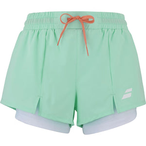 Mintgroene Babolat Short Perf voor dames met oranje trekkoord en witte binnenshort