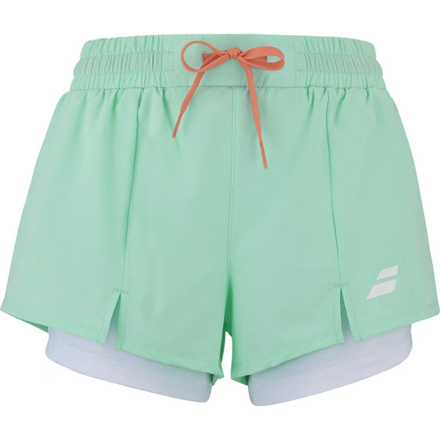 Mintgroene Babolat Short Perf voor dames met oranje trekkoord en witte binnenshort