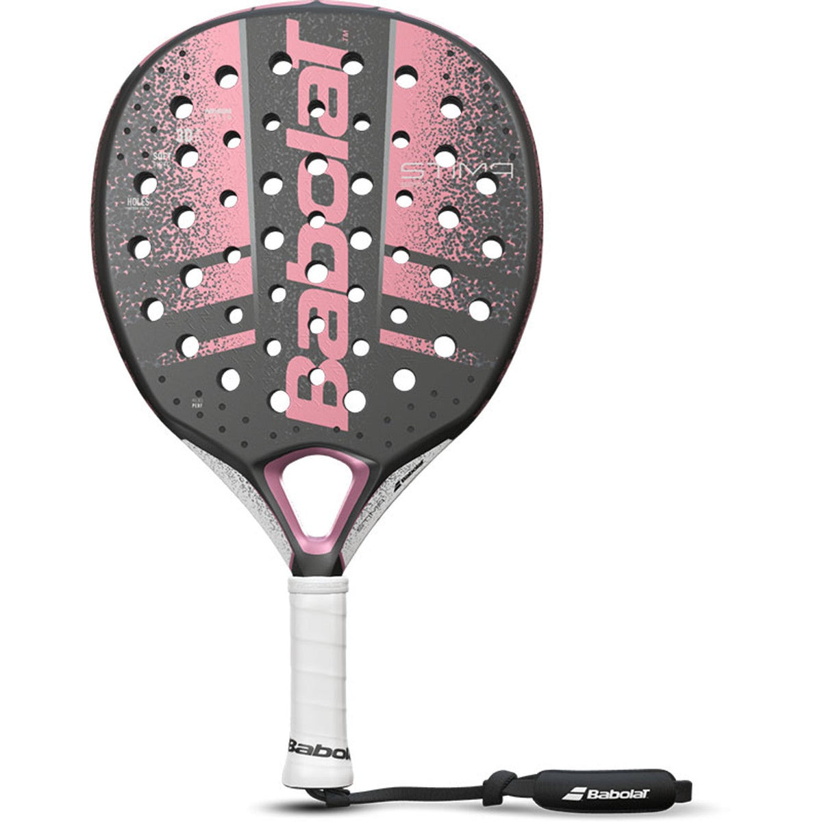 Pala de pádel Babolat Stima Spirit 2023 en color gris con el logotipo de Babolat en rosa, vista frontal