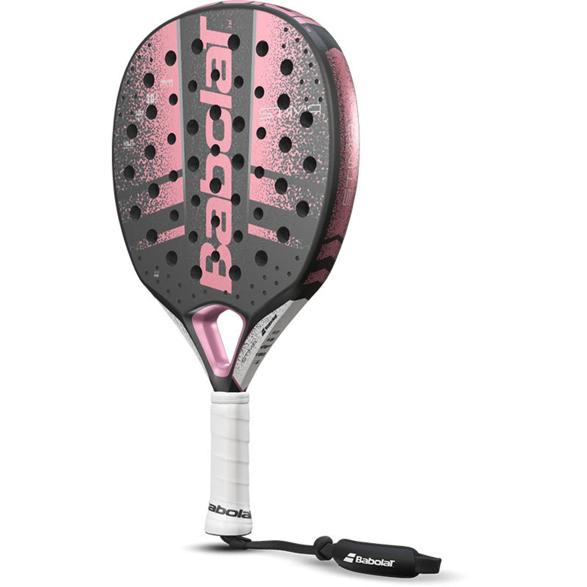 Pala de pádel Babolat Stima Spirit 2023, vista frontal en ángulo, forma redondeada en gris y rosa