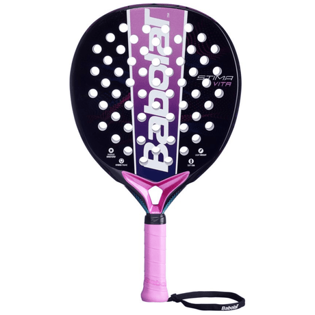 Babolat Stima Vita dames padelracket in zwart met roze middenbaan en roze grip, vooraanzicht