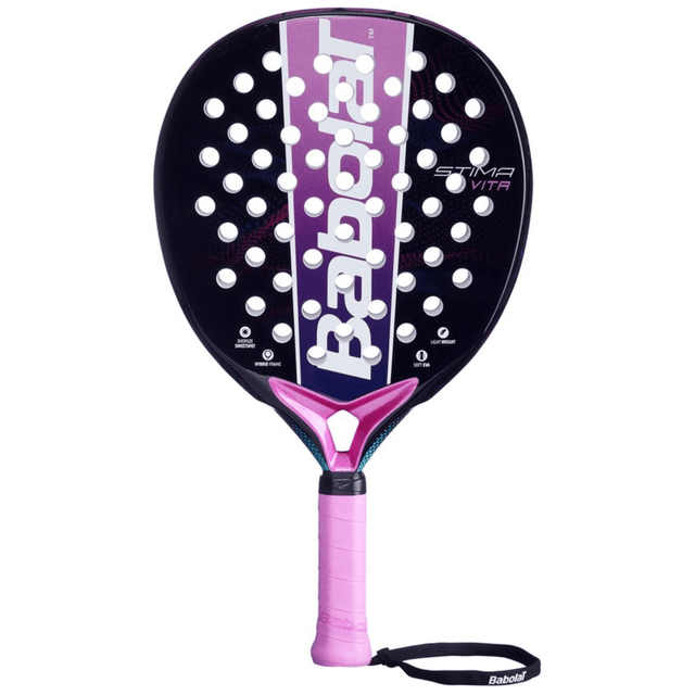 Babolat Stima Vita dames padelracket in zwart met roze middenbaan en roze grip, vooraanzicht