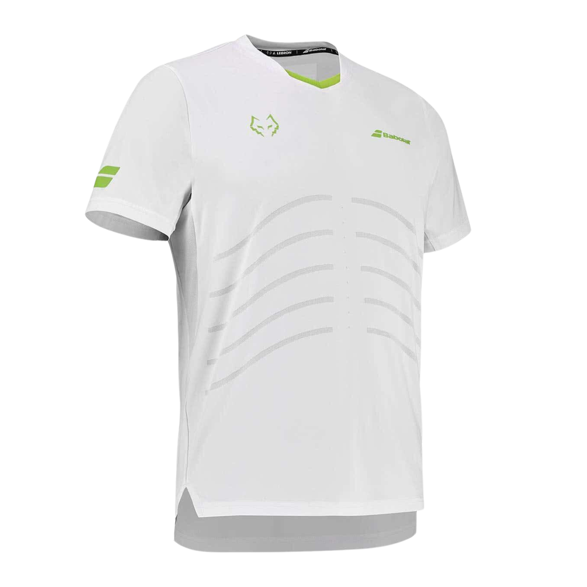 Schuin zijaanzicht van het witte Babolat Replica T-shirt met logo